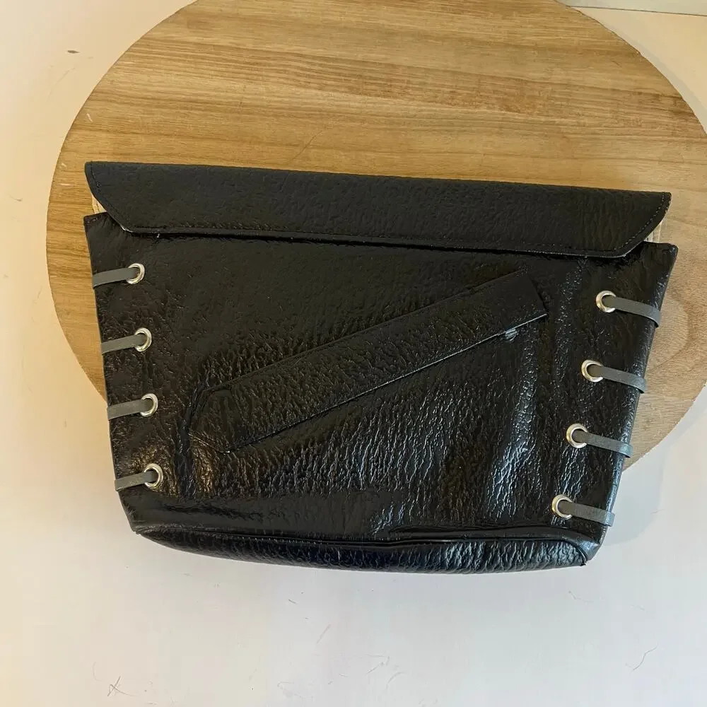Vintage 90s Black Genuine Leather Weaved Silver Lock Large Clutch Bag